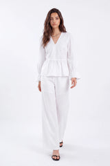 White Woven Blouse with Sequin Embroidery and Peplum Hem