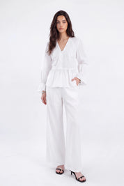 White Woven Blouse with Sequin Embroidery and Peplum Hem on model, studio view 2 – Elppis 1B5F09175WW-01CM