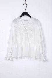 White Woven Blouse with Sequin Embroidery and Peplum Hem product view – Elppis 1B5F09175WW-01CM