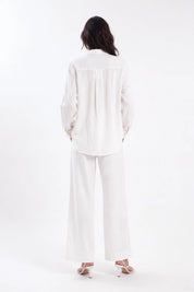 White Sheer Long-Sleeve Shirt with Embroidered Pocket on model, back view – Elppis 1B5F09229WW