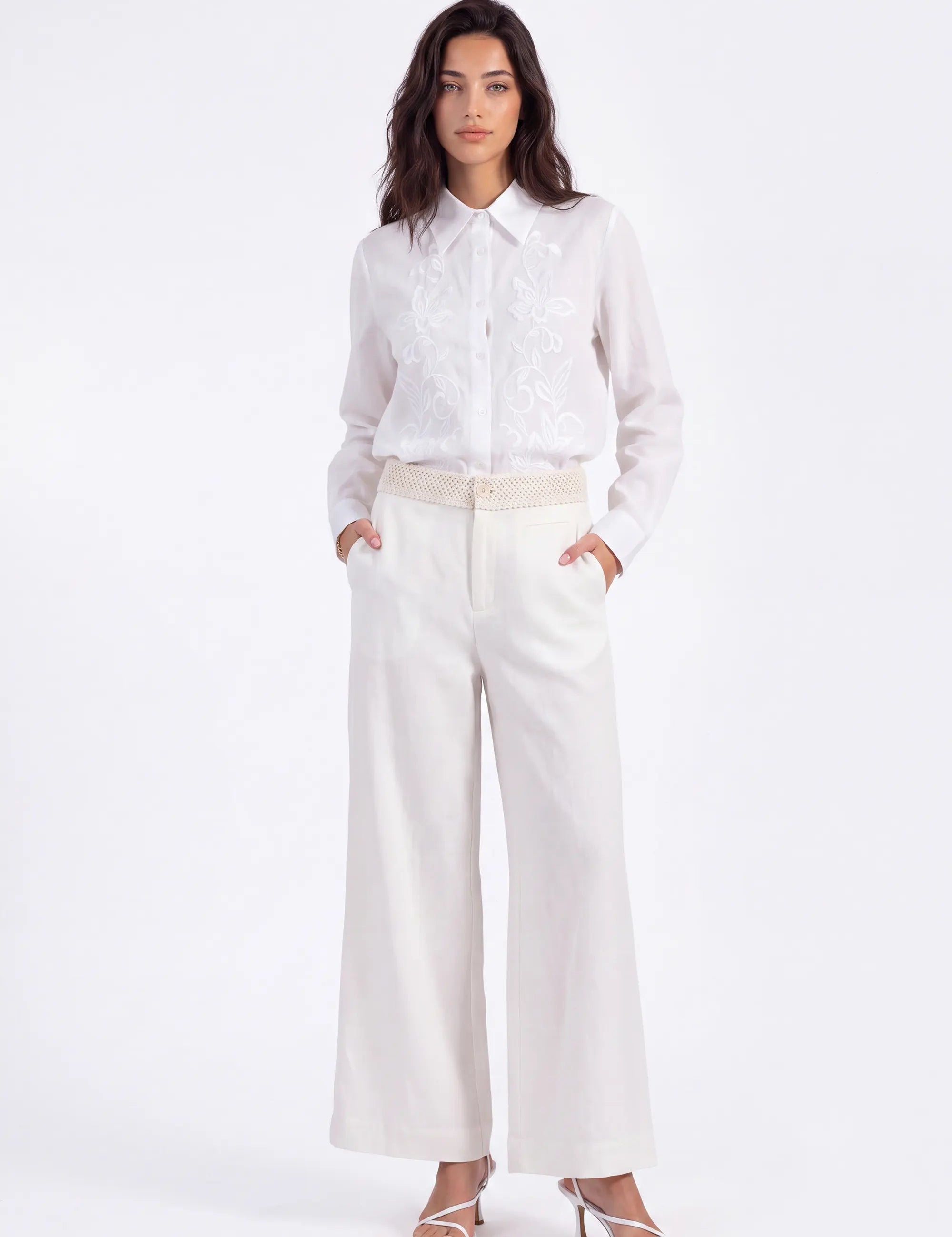 White Sheer Long-Sleeve Shirt with Embroidered Pocket on model, front view – Elppis 1B5F09229WW