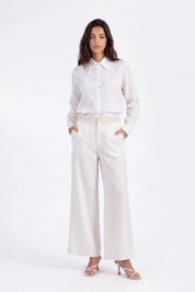 White Sheer Long-Sleeve Shirt with Embroidered Pocket on model, front view – Elppis 1B5F09229WW