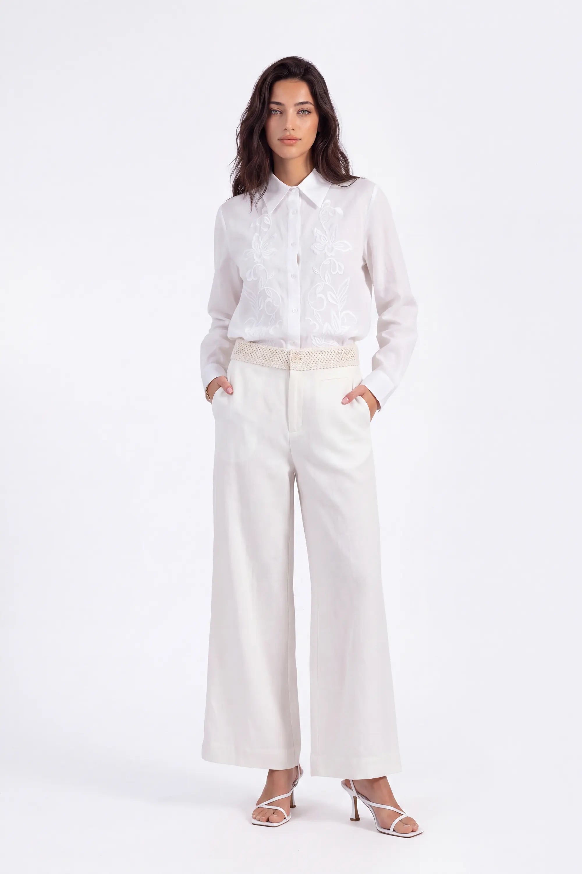 White Sheer Long-Sleeve Shirt with Embroidered Pocket on model, front view – Elppis 1B5F09229WW
