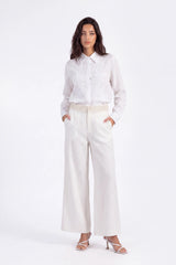 White Sheer Long-Sleeve Shirt with Embroidered Pocket