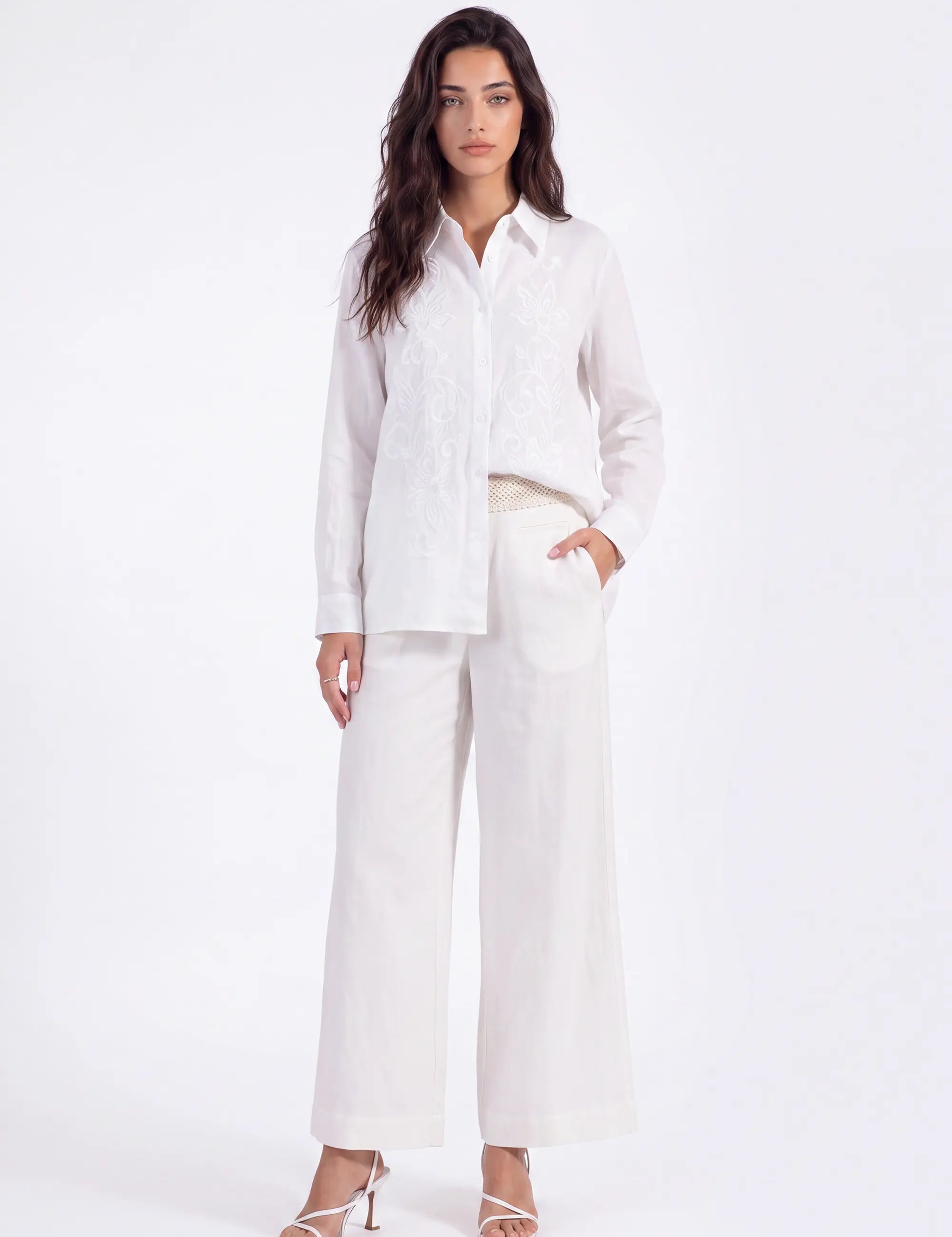 White Sheer Long-Sleeve Shirt with Embroidered Pocket on model, studio view 2 – Elppis 1B5F09229WW