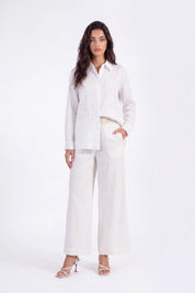White Sheer Long-Sleeve Shirt with Embroidered Pocket on model, studio view 2 – Elppis 1B5F09229WW