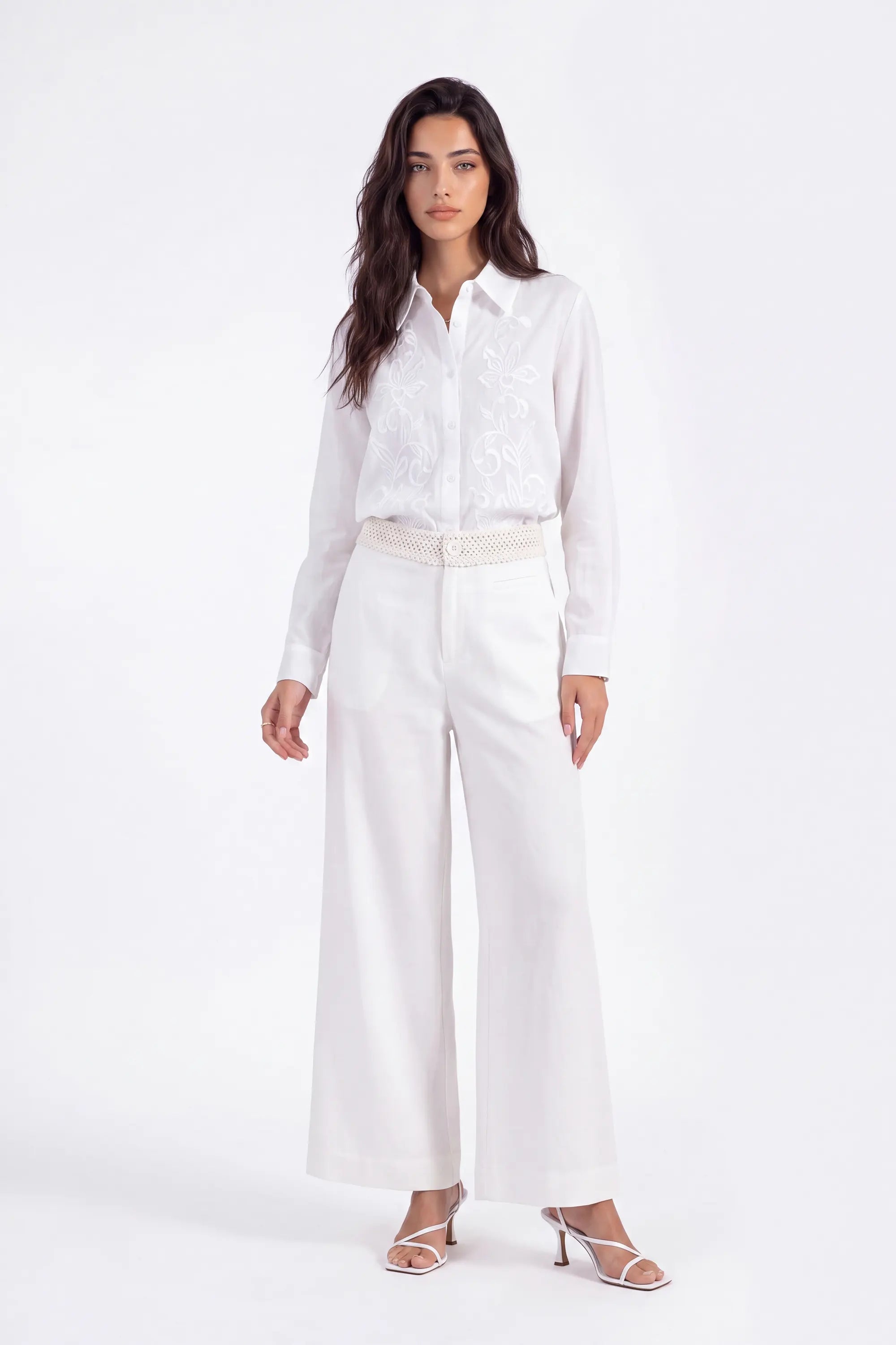 White Sheer Long-Sleeve Shirt with Embroidered Pocket on model, studio view 3 – Elppis 1B5F09229WW