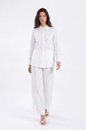 White Sheer Long-Sleeve Shirt with Embroidered Pocket on model, studio view 4 – Elppis 1B5F09229WW