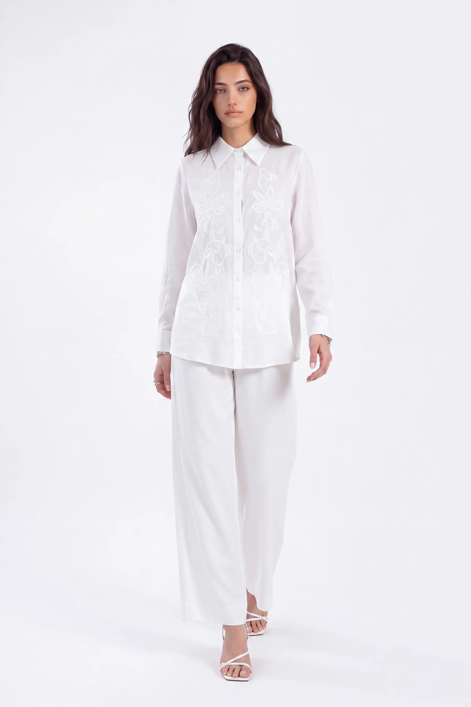 White Sheer Long-Sleeve Shirt with Embroidered Pocket on model, studio view 4 – Elppis 1B5F09229WW