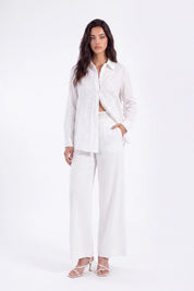 White Sheer Long-Sleeve Shirt with Embroidered Pocket on model, studio view 5 – Elppis 1B5F09229WW