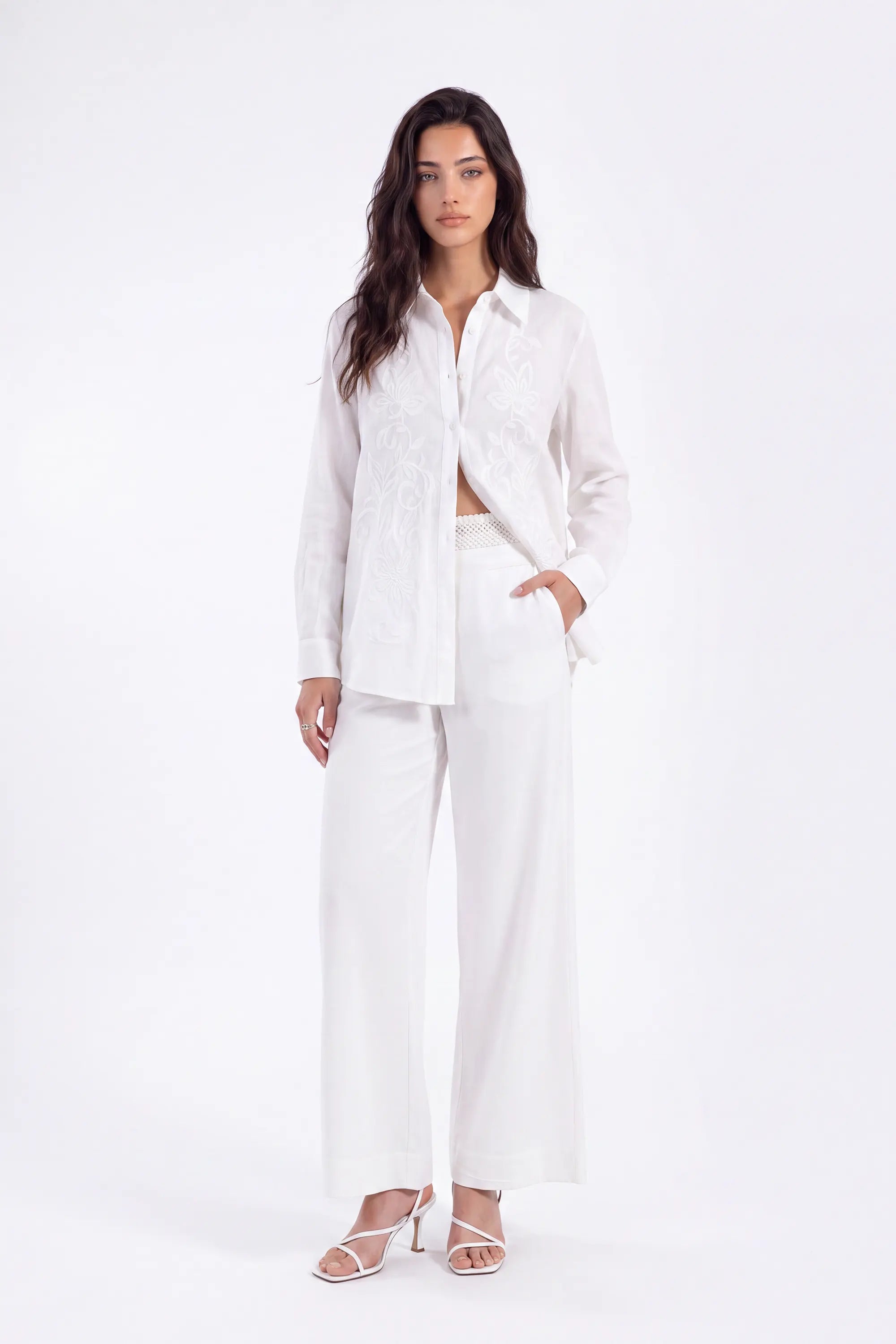White Sheer Long-Sleeve Shirt with Embroidered Pocket on model, studio view 5 – Elppis 1B5F09229WW