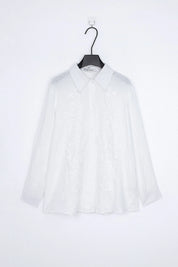White Sheer Long-Sleeve Shirt with Embroidered Pocket product view – Elppis 1B5F09229WW