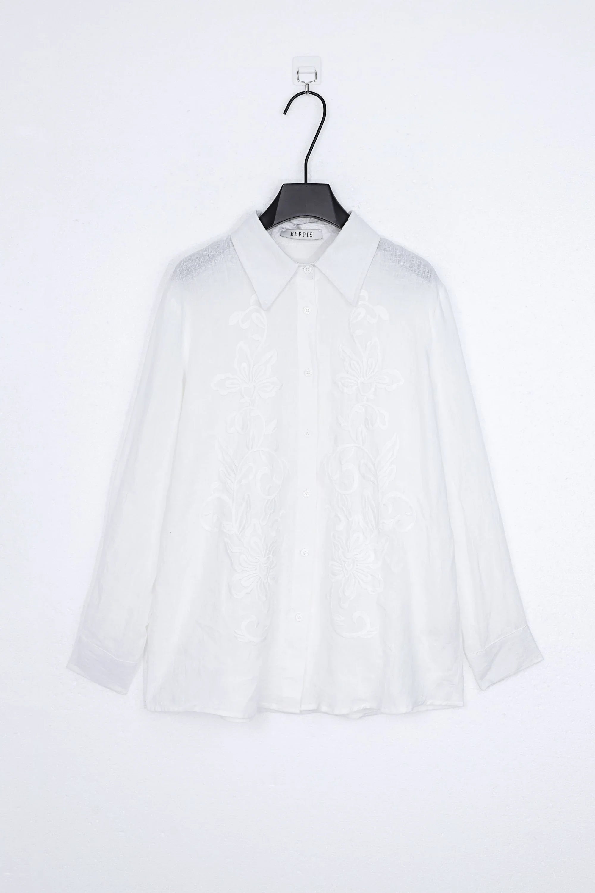 White Sheer Long-Sleeve Shirt with Embroidered Pocket product view – Elppis 1B5F09229WW