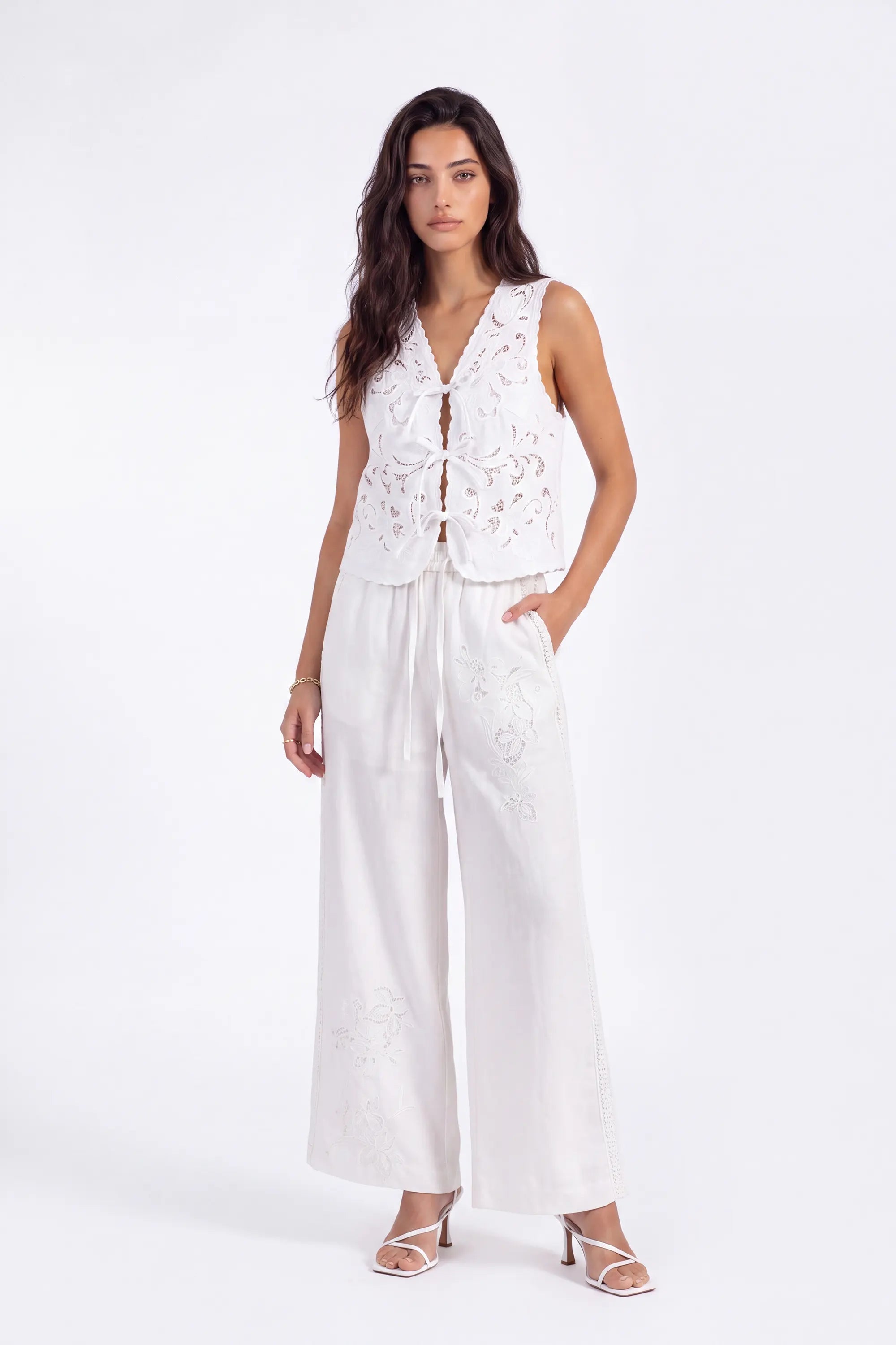 White Wide-Leg Pants with Floral Cutwork Embroidery on model, studio view 10 – Elppis 1B5I07505WW