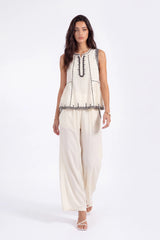 Cream Wide-Leg Pants with Black Embroidered Trim