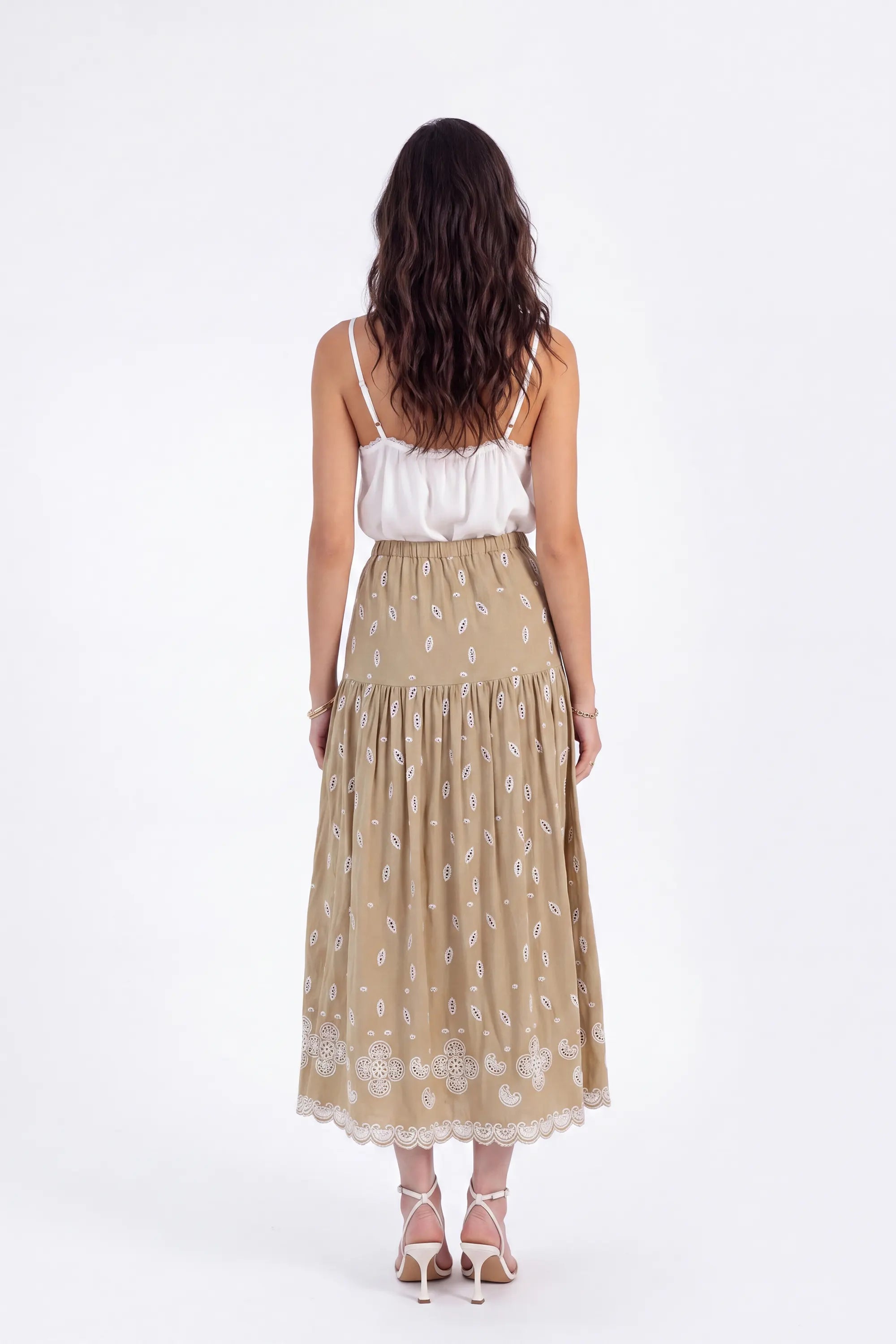 Beige Maxi Skirt with Cutwork Embroidery and Drawstring Waist on model, back view – Elppis 1B5J09118WW