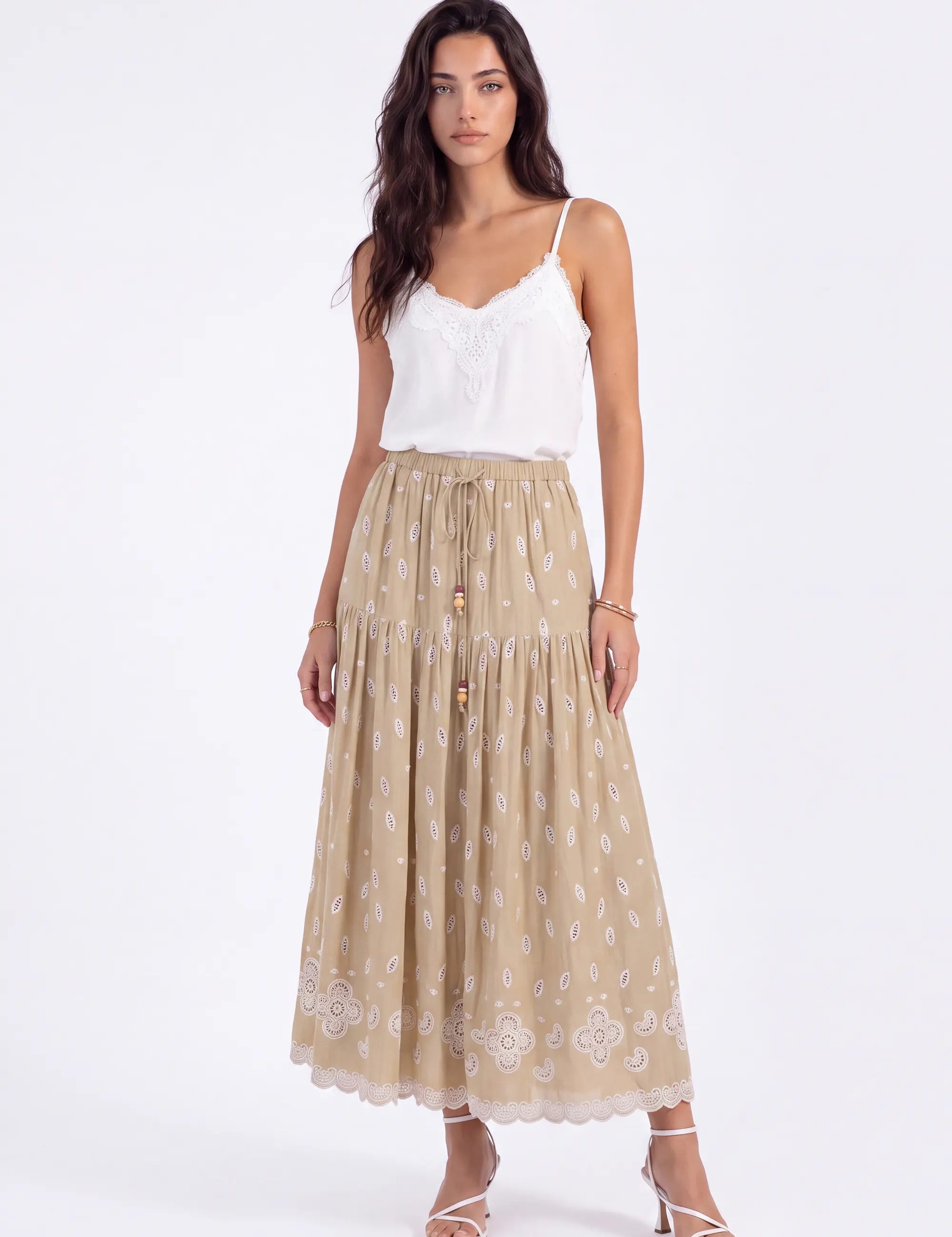 Beige Maxi Skirt with Cutwork Embroidery and Drawstring Waist on model, front view – Elppis 1B5J09118WW