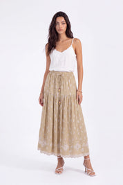 Beige Maxi Skirt with Cutwork Embroidery and Drawstring Waist on model, front view – Elppis 1B5J09118WW