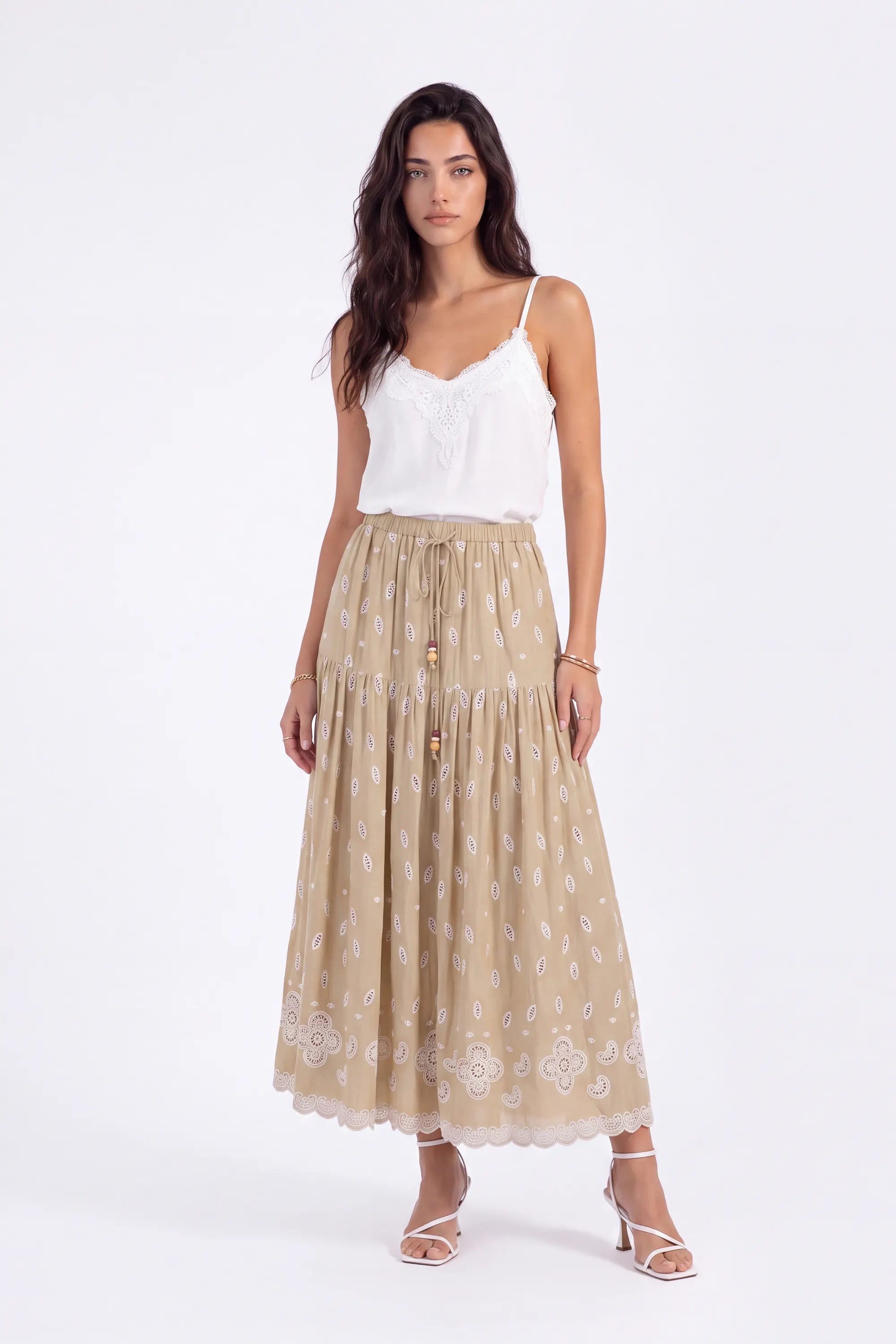 Beige Maxi Skirt with Cutwork Embroidery and Drawstring Waist on model, front view – Elppis 1B5J09118WW