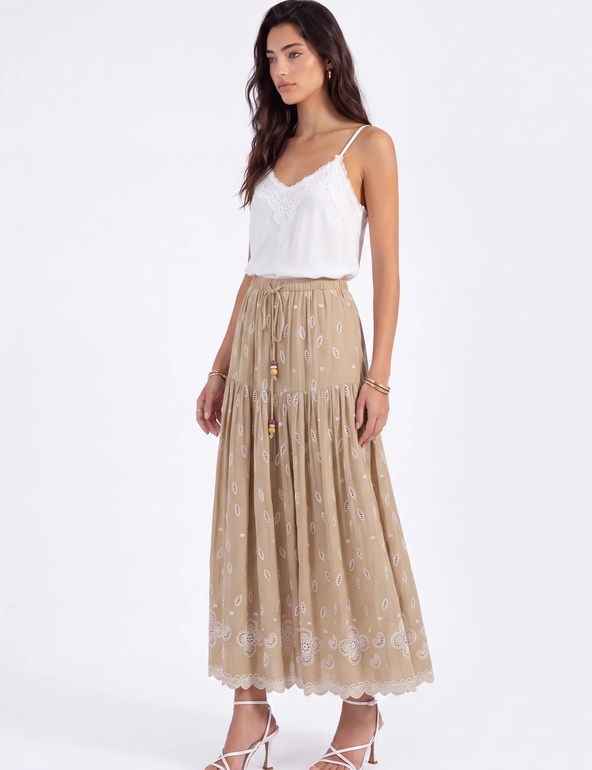 Beige Maxi Skirt with Cutwork Embroidery and Drawstring Waist on model, studio view 2 – Elppis 1B5J09118WW