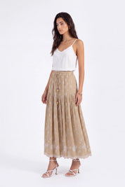 Beige Maxi Skirt with Cutwork Embroidery and Drawstring Waist on model, studio view 2 – Elppis 1B5J09118WW