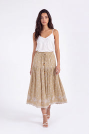 Beige Maxi Skirt with Cutwork Embroidery and Drawstring Waist on model, studio view 3 – Elppis 1B5J09118WW