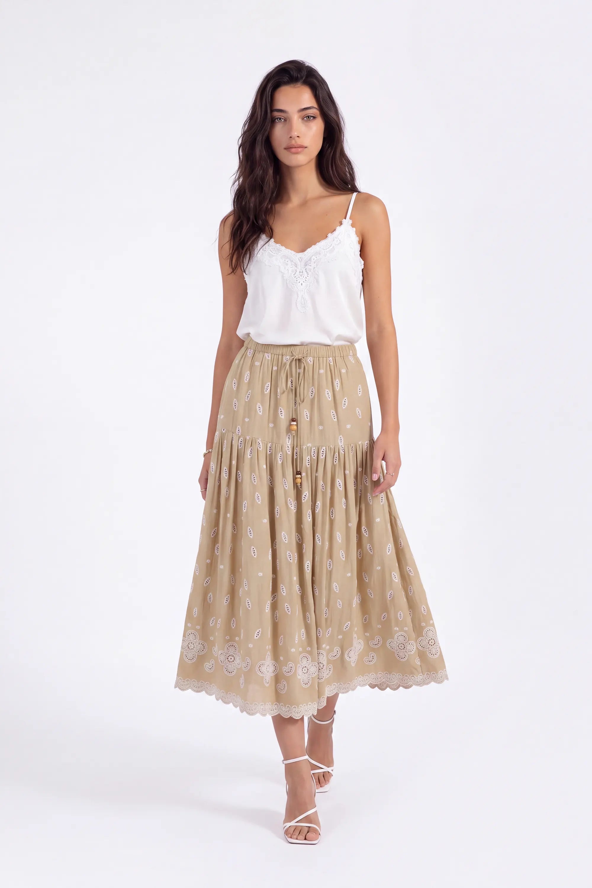 Beige Maxi Skirt with Cutwork Embroidery and Drawstring Waist on model, studio view 3 – Elppis 1B5J09118WW