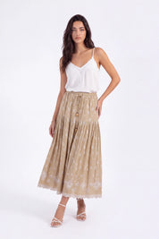 Beige Maxi Skirt with Cutwork Embroidery and Drawstring Waist on model, studio view 4 – Elppis 1B5J09118WW