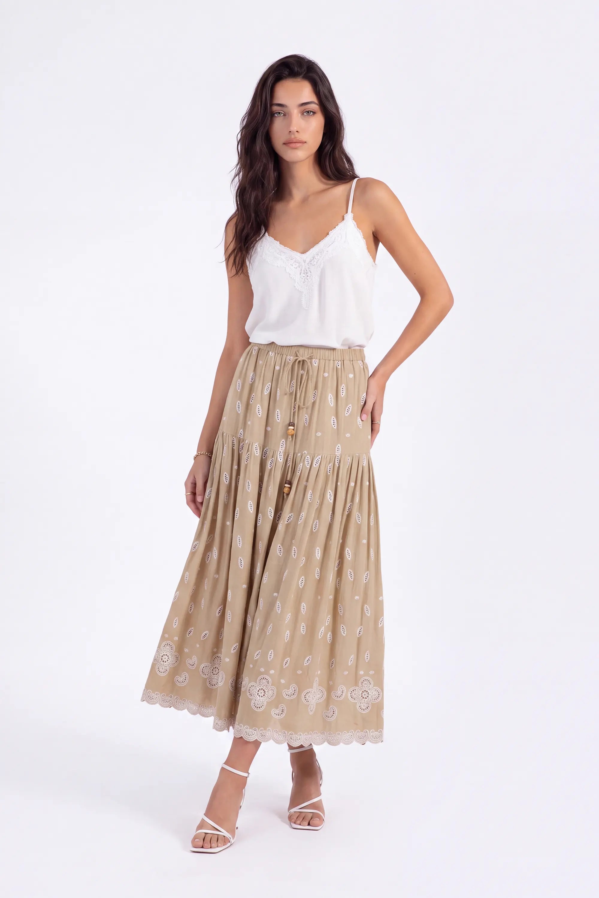 Beige Maxi Skirt with Cutwork Embroidery and Drawstring Waist on model, studio view 4 – Elppis 1B5J09118WW