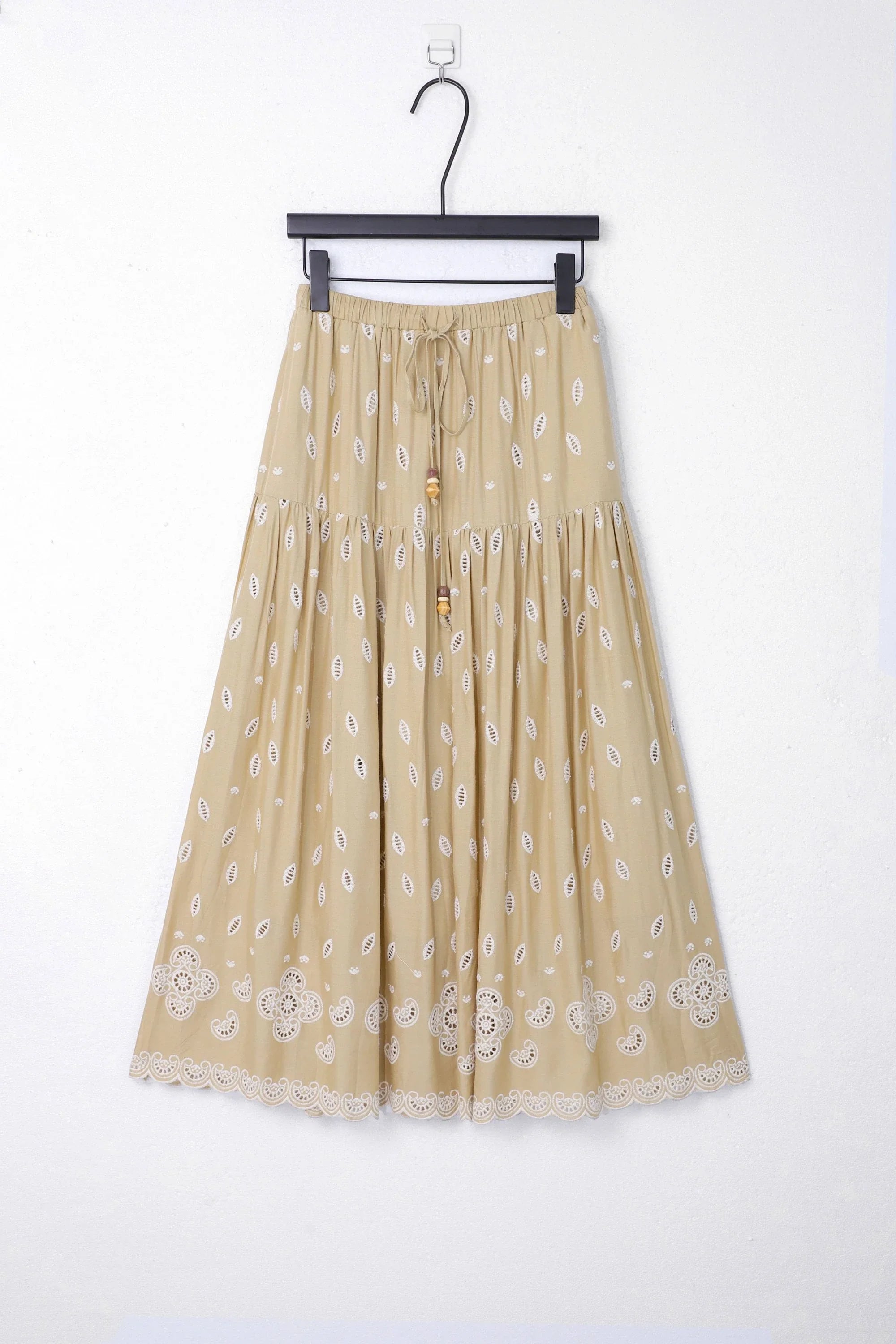 Beige Maxi Skirt with Cutwork Embroidery and Drawstring Waist product view – Elppis 1B5J09118WW