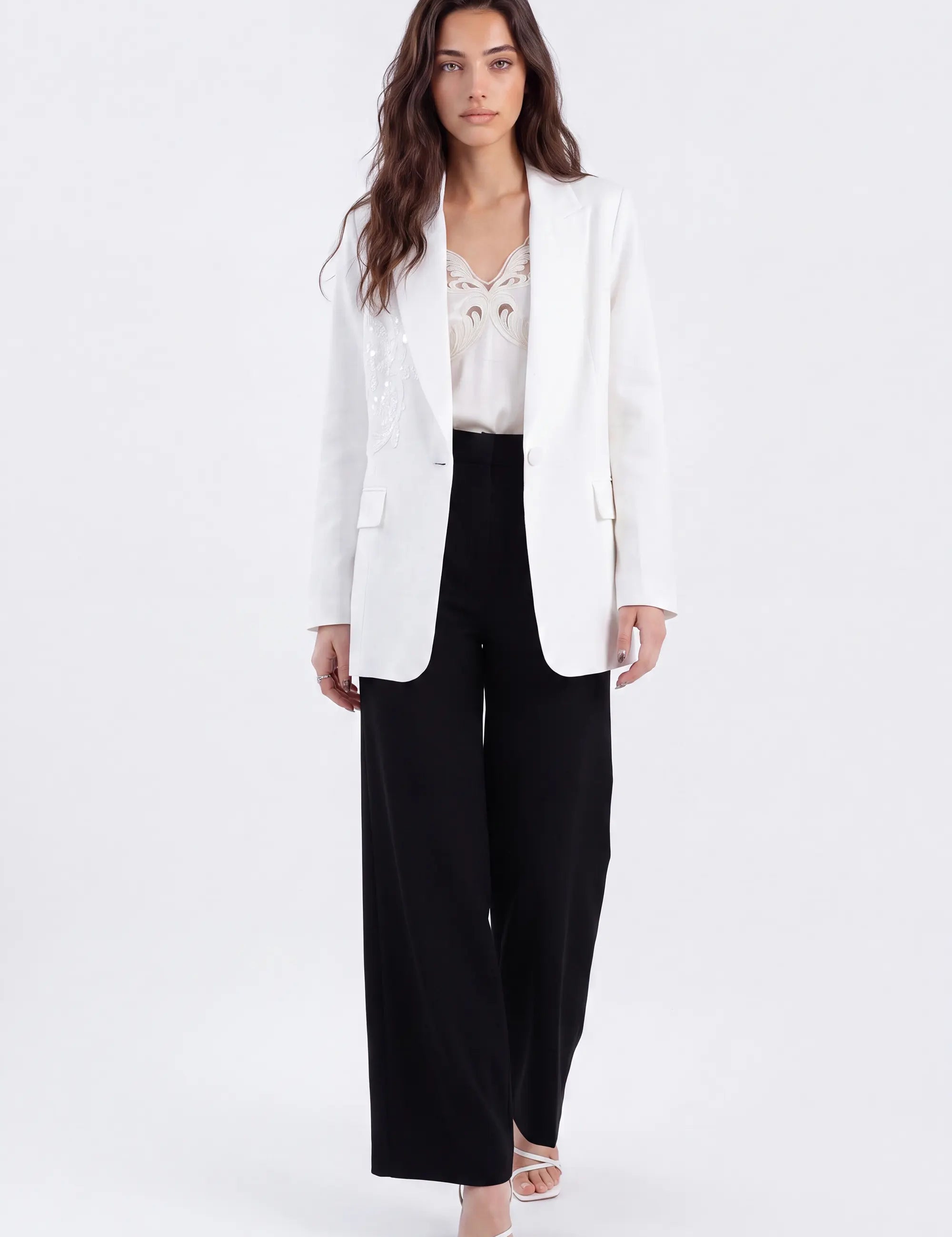 White Tailored Blazer with Beaded Floral Embroidery on model, front view – Elppis 1J5F09293CM
