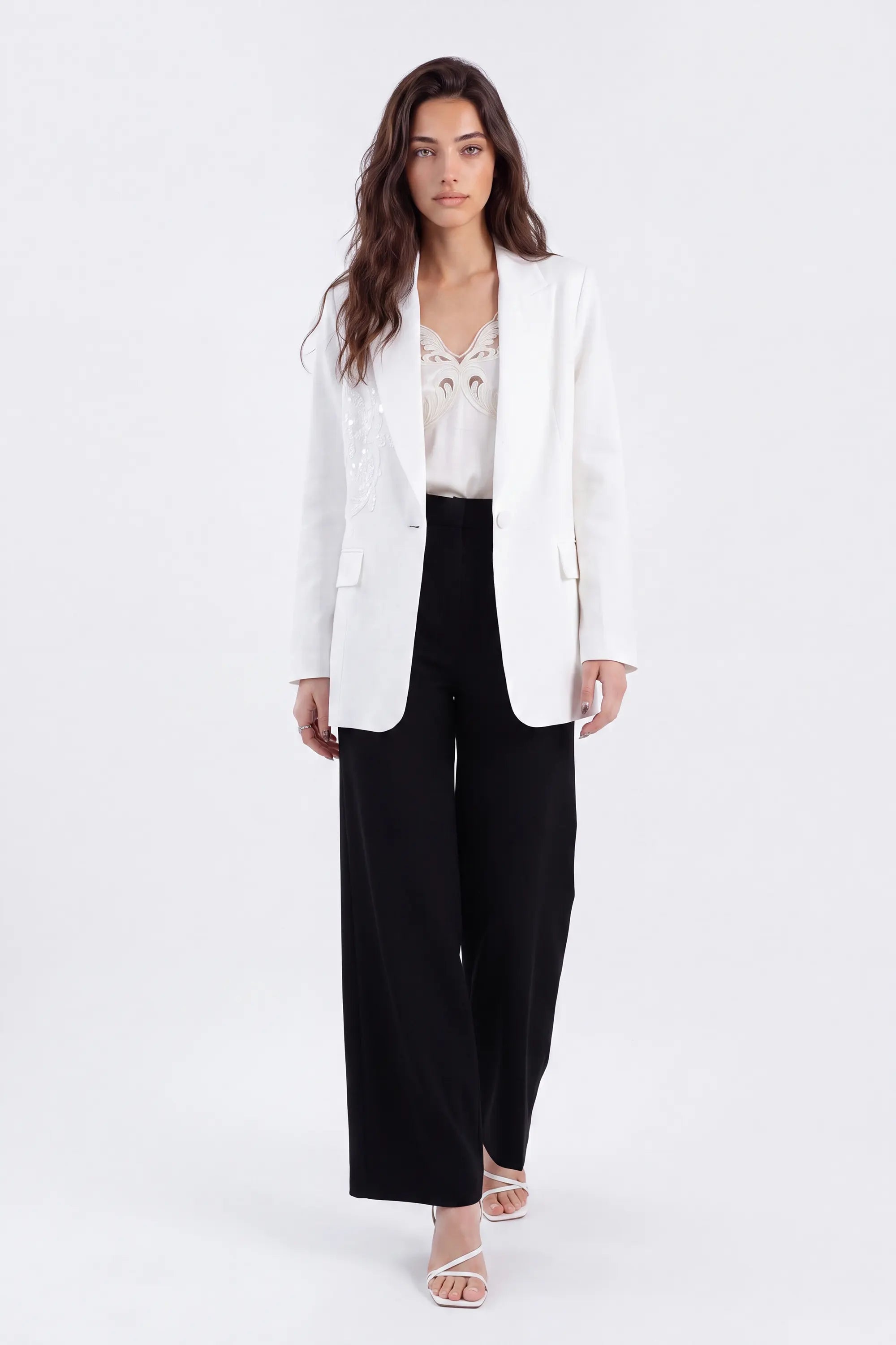 White Tailored Blazer with Beaded Floral Embroidery on model, front view – Elppis 1J5F09293CM