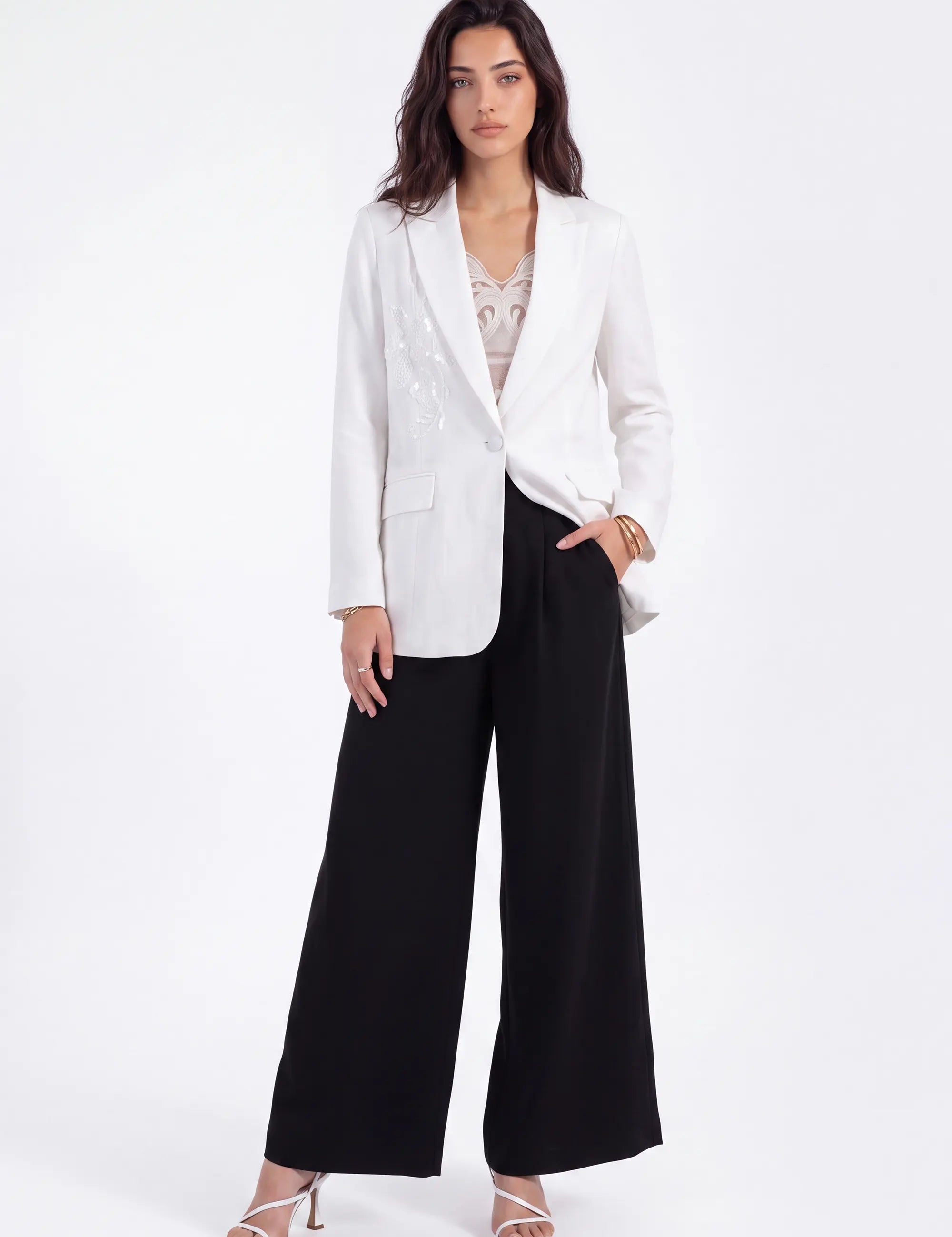 White Tailored Blazer with Beaded Floral Embroidery on model, studio view 2 – Elppis 1J5F09293CM