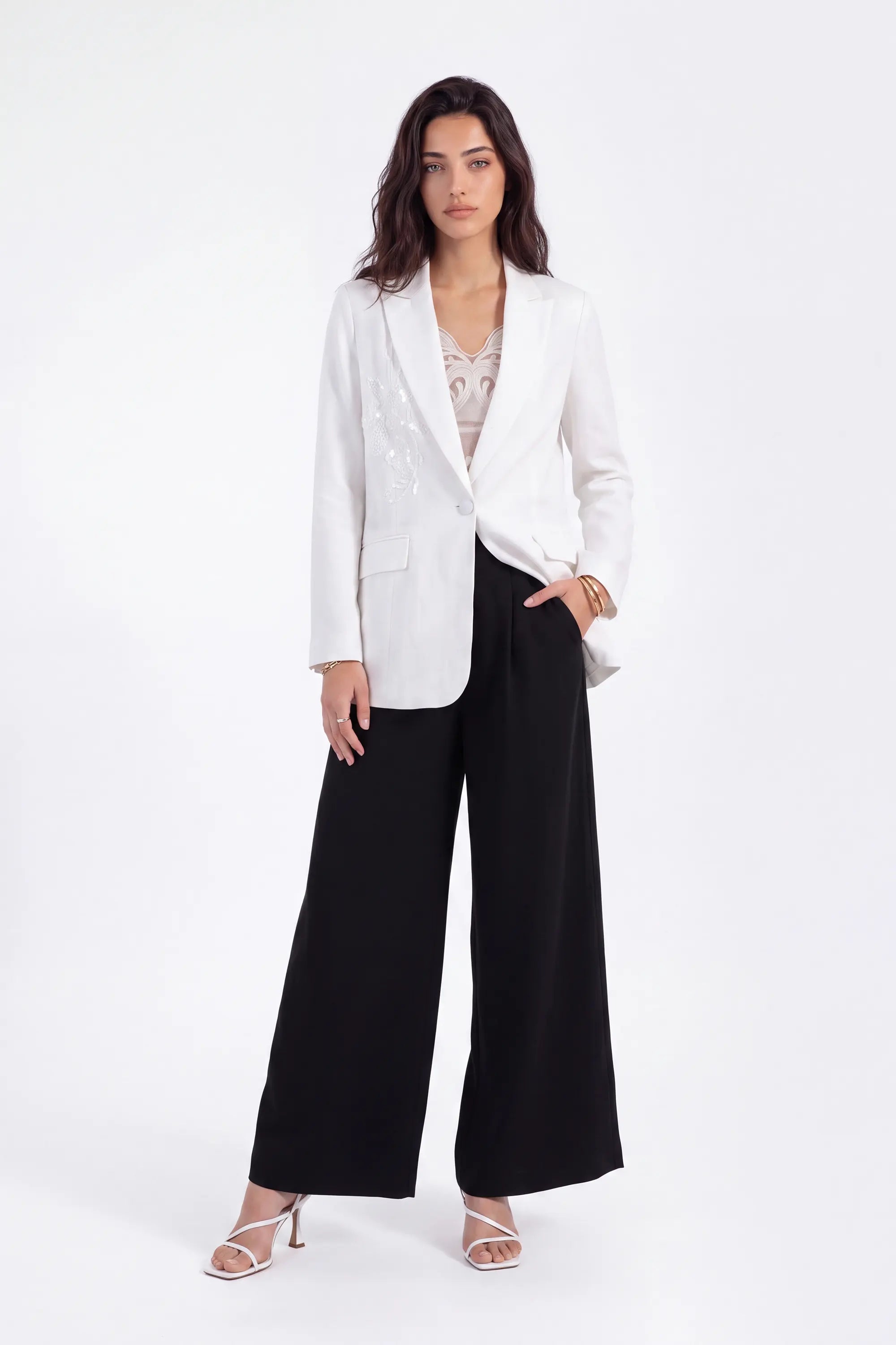 White Tailored Blazer with Beaded Floral Embroidery on model, studio view 2 – Elppis 1J5F09293CM