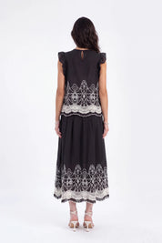 Black Embroidered Midi Skirt with White Lace Hem on model, back view – Elppis 1J5J09674BN