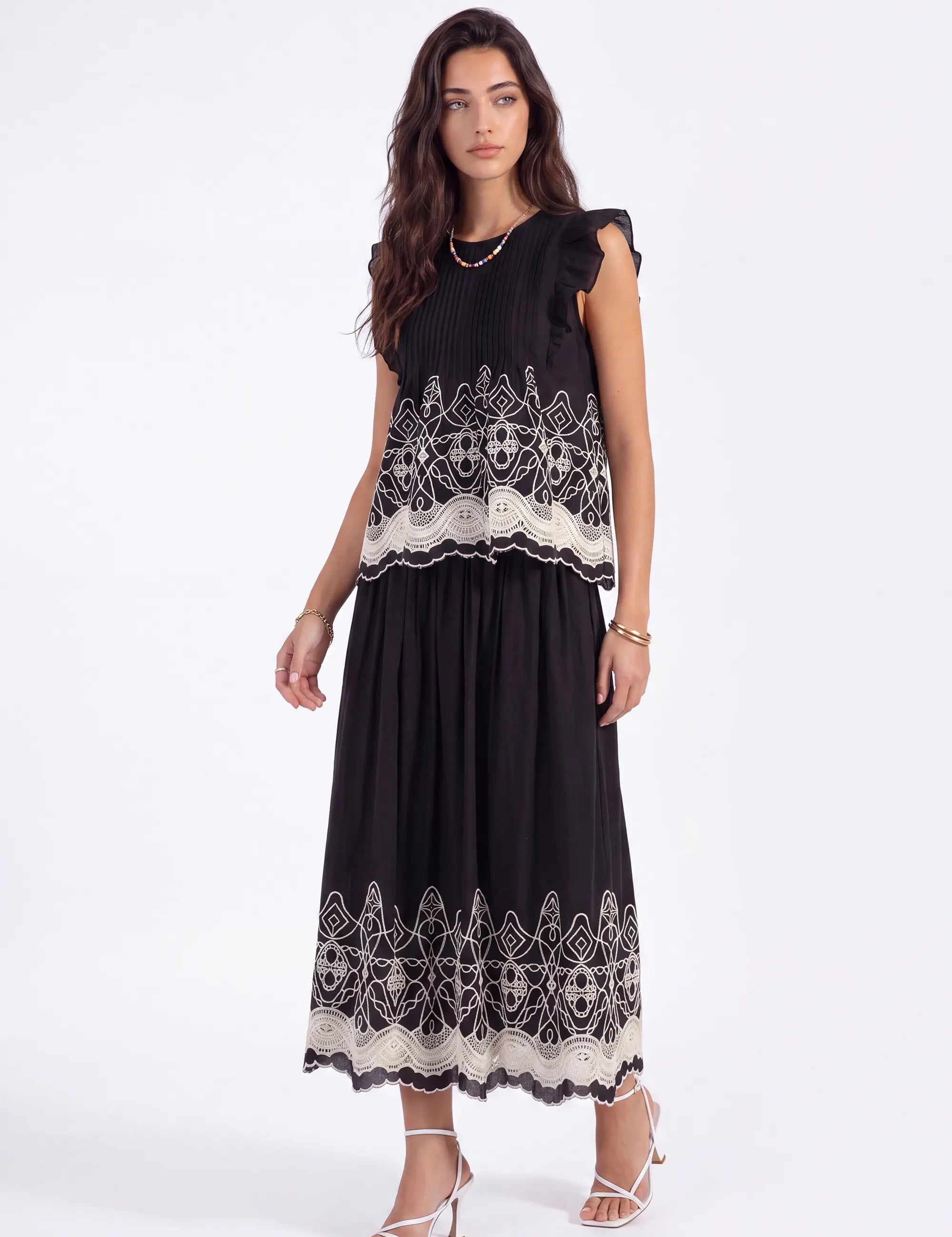 Black Embroidered Midi Skirt with White Lace Hem on model, front view – Elppis 1J5J09674BN