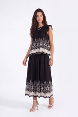 Black Embroidered Midi Skirt with White Lace Hem