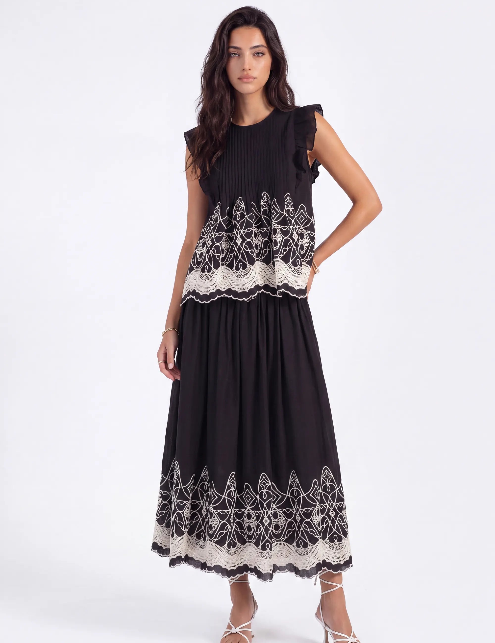 Black Embroidered Midi Skirt with White Lace Hem on model, studio view 2 – Elppis 1J5J09674BN