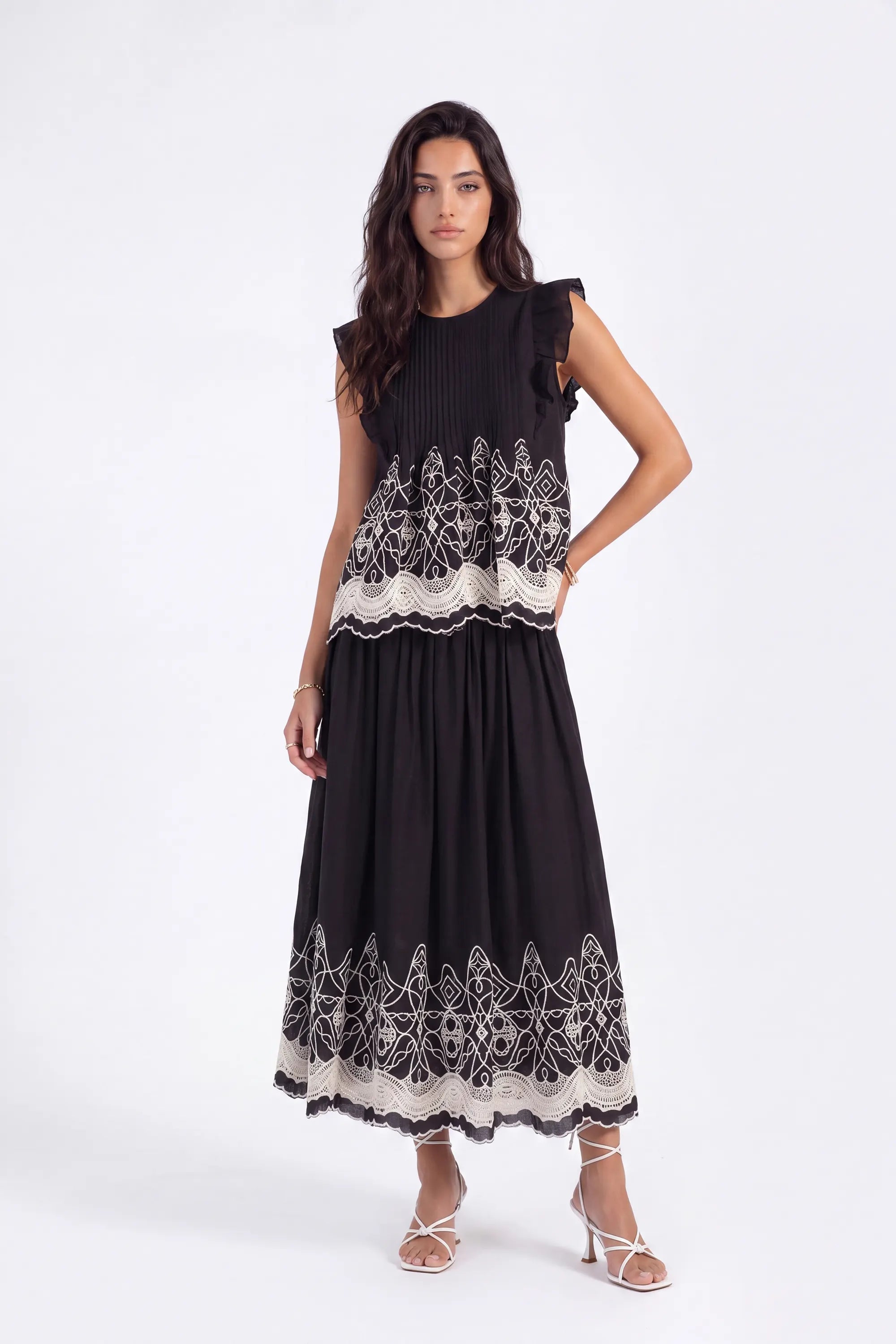 Black Embroidered Midi Skirt with White Lace Hem on model, studio view 2 – Elppis 1J5J09674BN