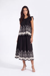 Black Embroidered Midi Skirt with White Lace Hem on model, studio view 3 – Elppis 1J5J09674BN