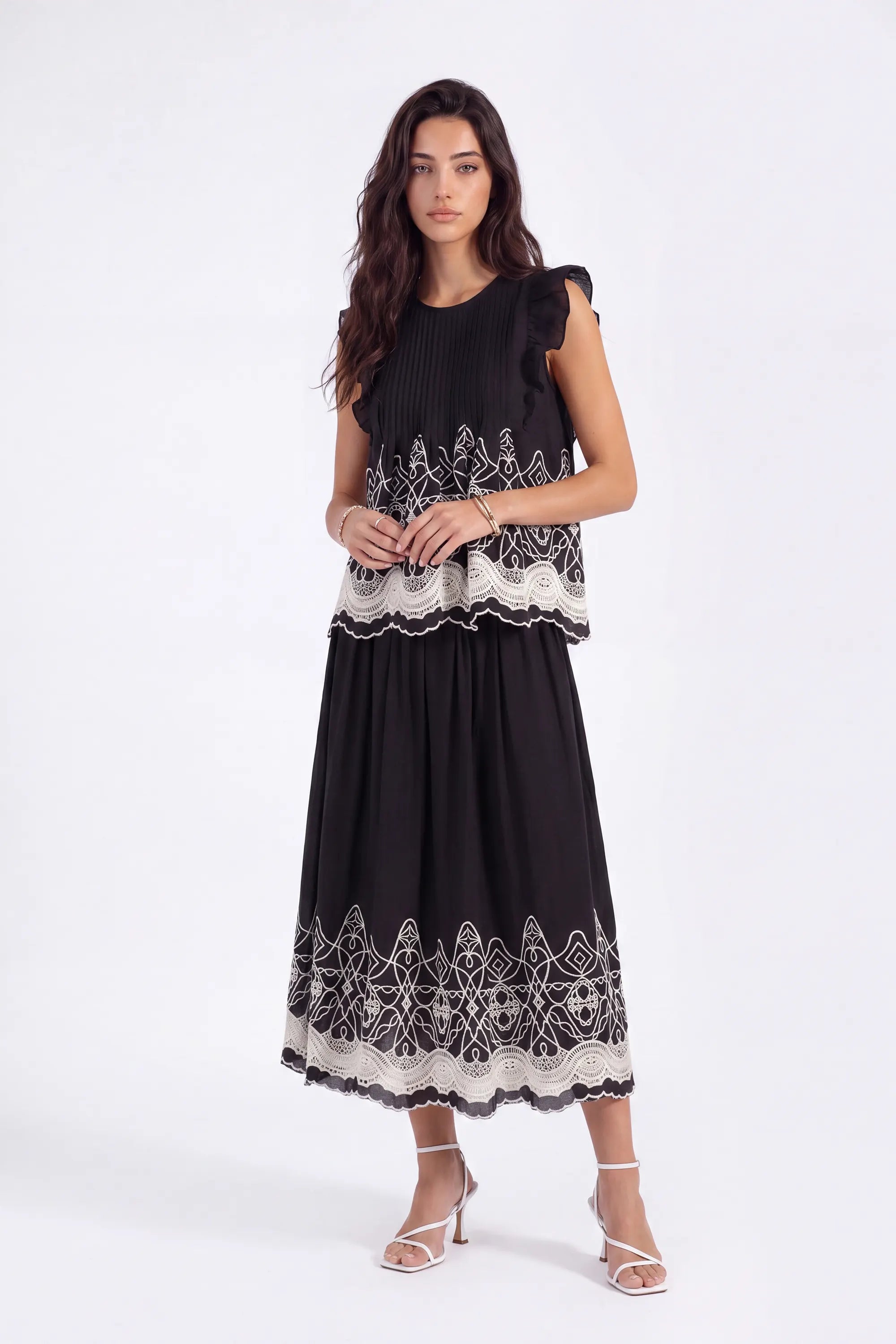 Black Embroidered Midi Skirt with White Lace Hem on model, studio view 4 – Elppis 1J5J09674BN