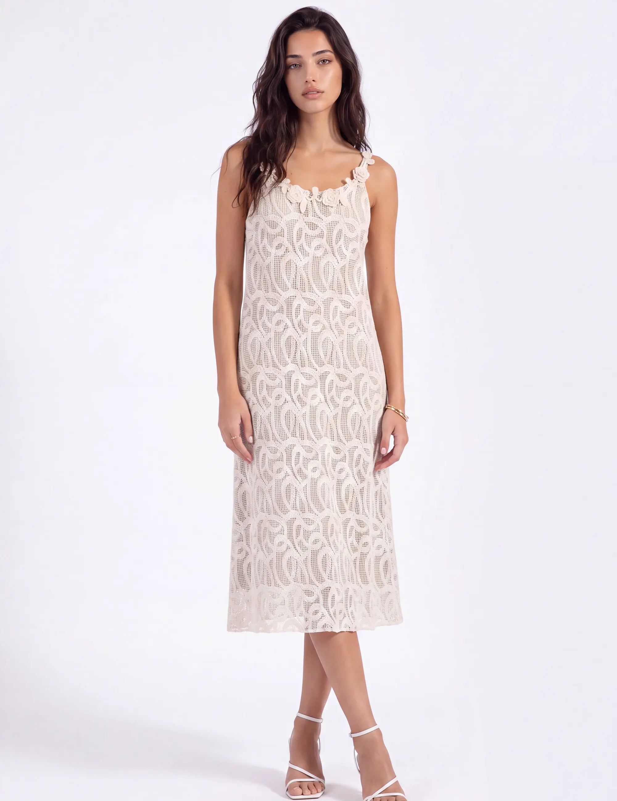 3D Floral Appliqué Lace Shift Dress on model, studio view 2 – Elppis 1J6K08713BN