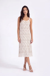 3D Floral Appliqué Lace Shift Dress on model, studio view 2 – Elppis 1J6K08713BN