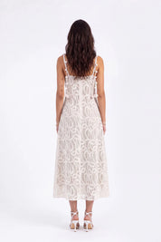 3D Floral Appliqué Lace Shift Dress on model, studio view 5 – Elppis 1J6K08713BN