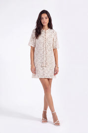 Cream Crochet Lace Fringe Mini Dress on model, front view – Elppis 1J6K08714BN