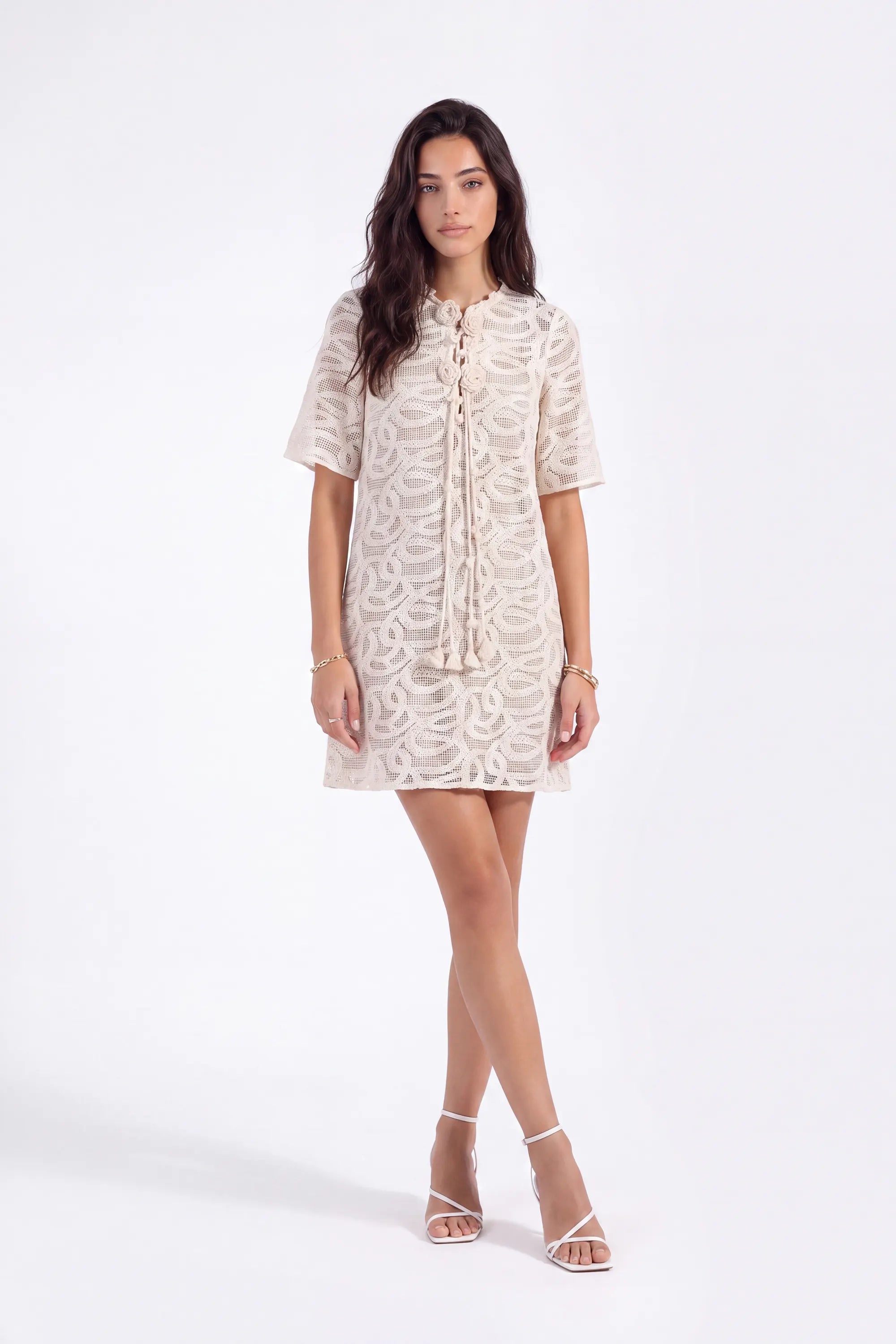 Cream Crochet Lace Fringe Mini Dress on model, front view – Elppis 1J6K08714BN