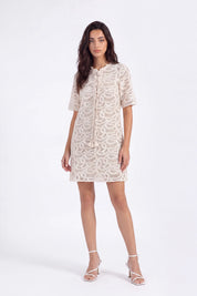 Cream Crochet Lace Fringe Mini Dress on model, studio view 4 – Elppis 1J6K08714BN