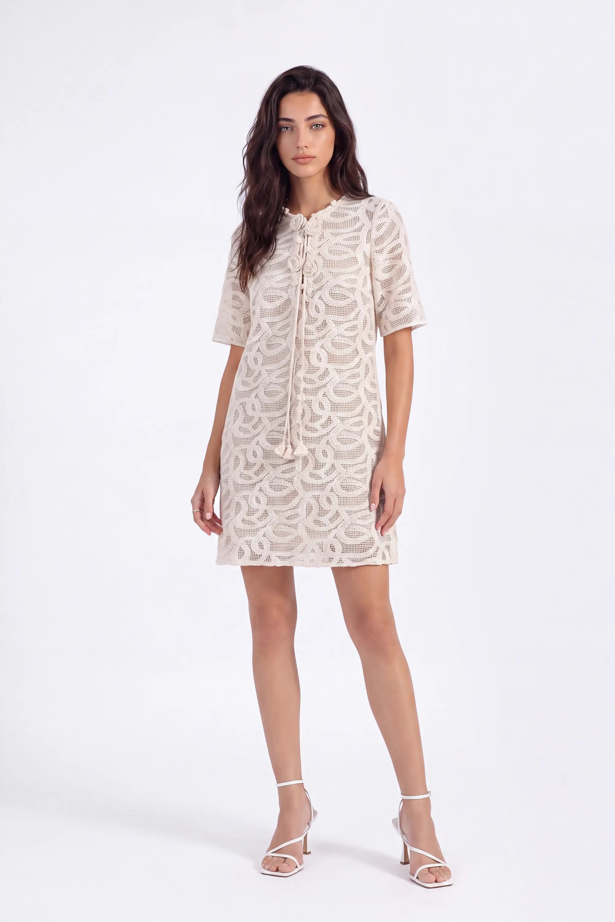 Cream Crochet Lace Fringe Mini Dress on model, studio view 4 – Elppis 1J6K08714BN