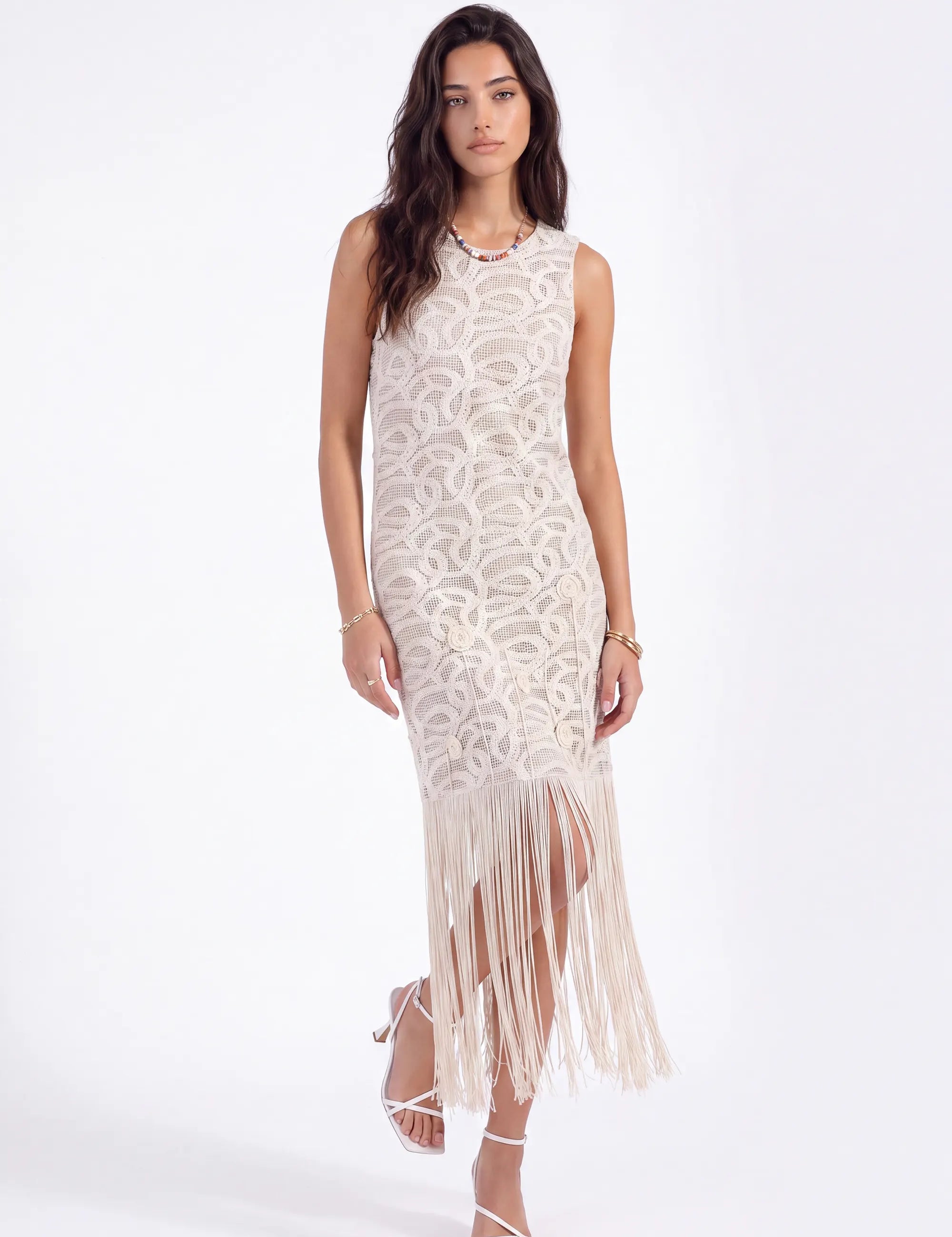 Sleeveless Fringe Hem Lace Vest on model, front view – Elppis 1J6K08715BN