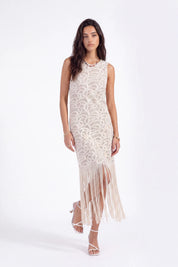 Sleeveless Fringe Hem Lace Vest on model, front view – Elppis 1J6K08715BN